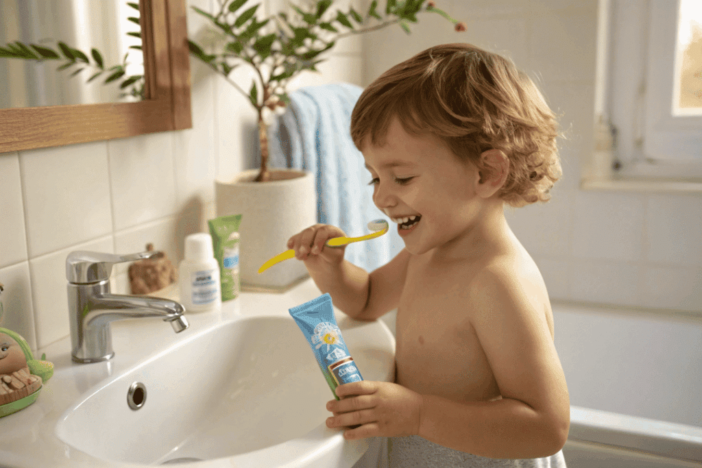 Child Brushing Teeth With Safe Toothpaste For Kids