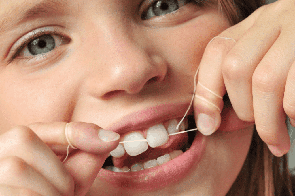 Child Flossing Teeth Up Close