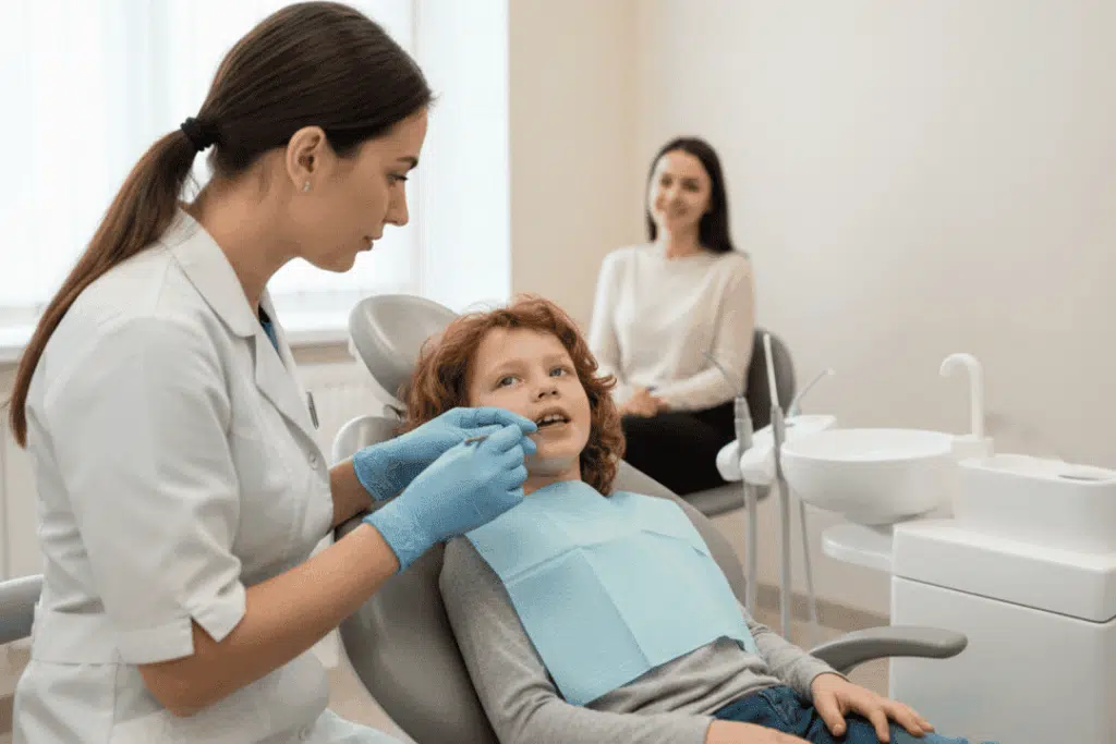How Do You Know If Your Child Needs An Orthodontic Evaluation? Child receiving orthodontic evaluation from pediatric dentist in dental office, focused on early assessment of dental health and growth.