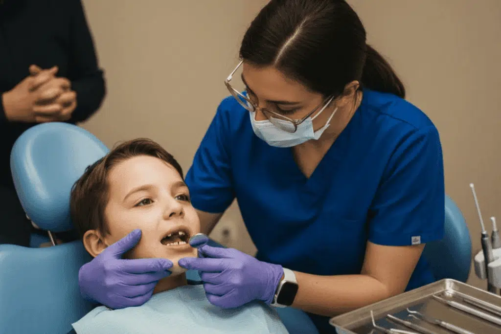 How Orthodontists Determine The Right Age For A Child’s First Orthodontic Visit Child receiving orthodontic evaluation from dentist in blue scrubs, focusing on tooth and jaw development, in a pediatric dental office setting.